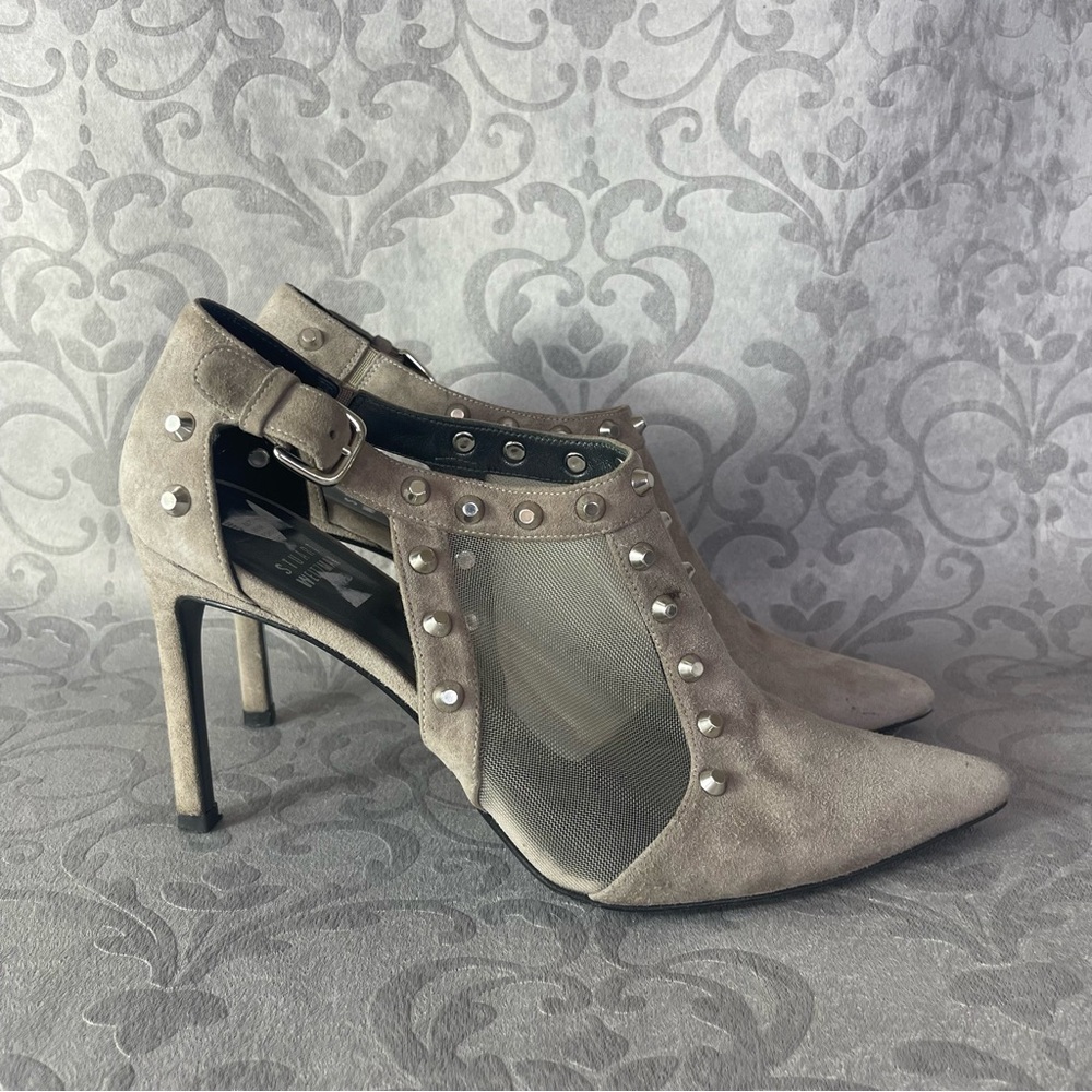 Stuart Weitzman Taupe Studded Mesh Pointed-Toe Stiletto Heels